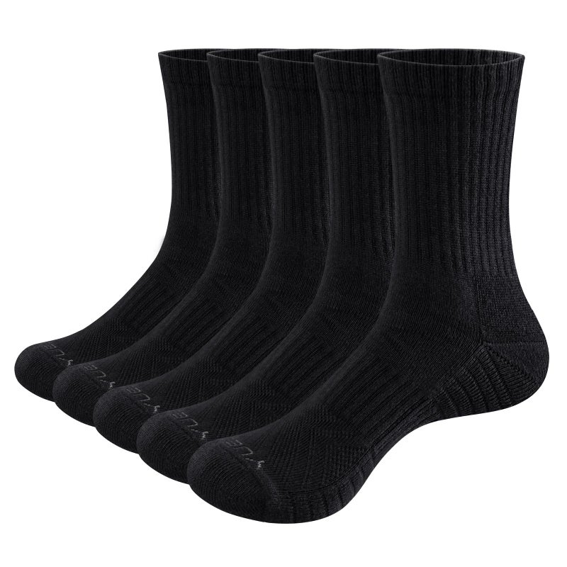 YUEDGE Mens Gym Tennis Training Athletic Socks Black Cotton Cushioned Crew Socks Moisture Wicking Mens Socks Padded Anti Blister Anti-Odor Work Sock for Men 10-13, 5 Pairs - Image 1